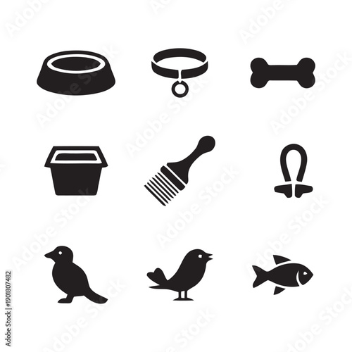 Pet supplies flat icons set, including food bowl, collar, bone, pet carrier, brush, leash, bird, and fish, isolated on white background, cute animal accessory and pet symbols for design.