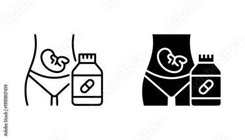 Pregnancy and prenatal care icons, depicting pregnant woman with fetus silhouette and pill bottle. Outline and solid black versions for maternity, healthcare, and supplements design