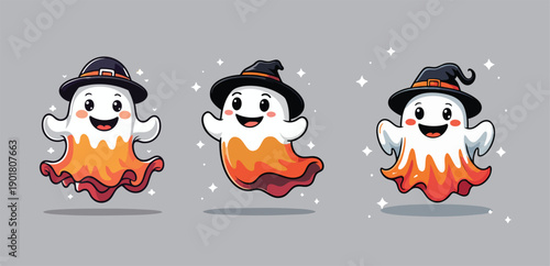 Cheerful Handdrawn Ghost Wearing Witch Hat Halloween Character Illustration