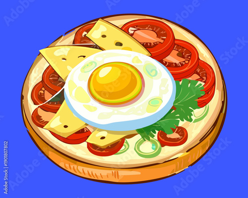 Hearty breakfast toast topped with fried egg cheese and fresh tomato slices for morning energy - Vector Illustration