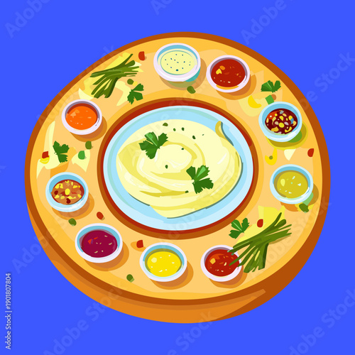 Large breakfast bagel platter with multiple dipping sauces for a festive brunch with friends party - Vector Illustration