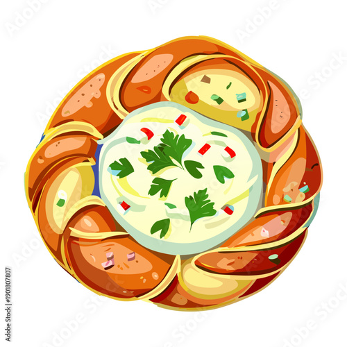 Decorative bagel ring with cream cheese and parsley for a gourmet appetizer or breakfast dish - Vector Illustration