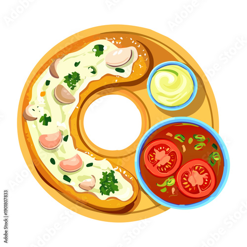 Savory bagel platter with assorted dipping sauces and side dishes for a shared breakfast meal - Vector Illustration