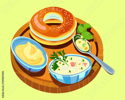 Breakfast bagel served with cream cheese and various dipping sauces on a wooden board concept - Vector Illustration