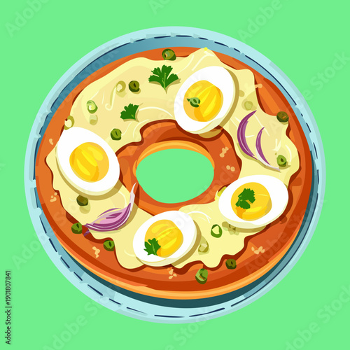 Savory bagel topped with sliced boiled eggs and red onions for a protein rich breakfast - Vector Illustration