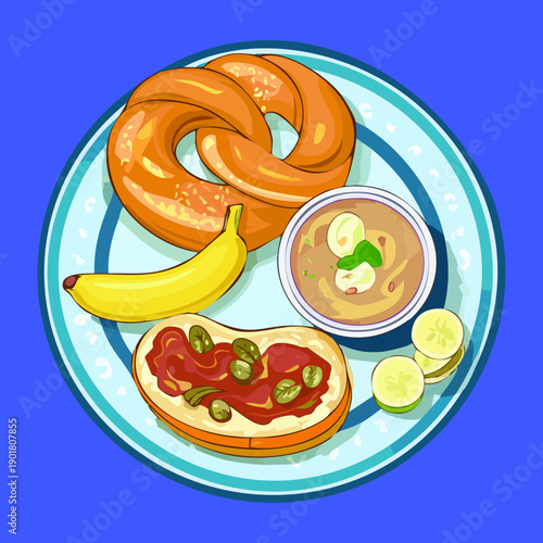 Healthy snack plate with pretzel bread banana and dipping sauce for a quick energy boost - Vector Illustration