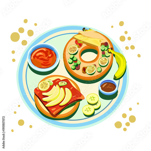 Mini breakfast bagel set with various toppings including avocado tomato and dipping sauces for brunch - Vector Illustration