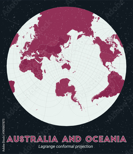 Australia and Oceania. World map. Lagrange conformal projection centered to Australia and Oceania. Pale Mint Dark Pink palette. Vintage texture. Neat vector illustration.