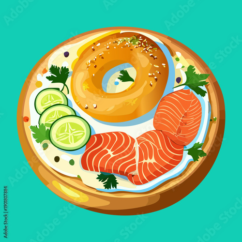 Classic smoked salmon bagel with capers and fresh onions for a sophisticated breakfast menu dish - Vector Illustration