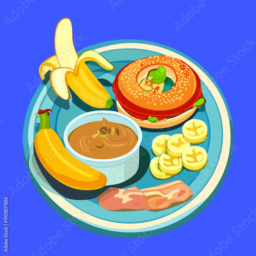 Breakfast platter with bagel banana slices and peanut butter for an energetic morning start meal - Vector Illustration