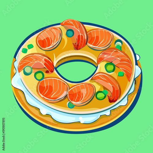 Healthy salmon bagel sandwich with sliced cucumbers and fresh greens for a nutritious lunch option - Vector Illustration