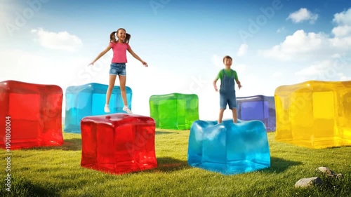 Children Playing on Colorful Blocks Outdoors.