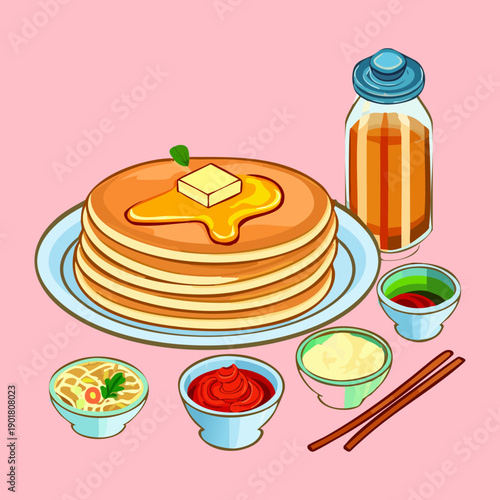 Continental breakfast set with pancakes syrup honey and various dipping sauces for a complete morning meal - Vector Illustration