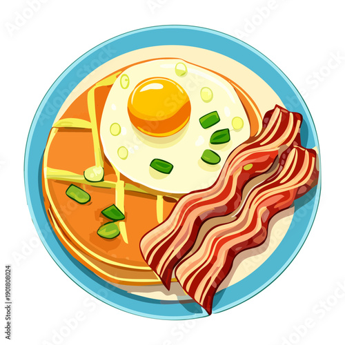 Sunny side up egg served with crispy bacon on a white plate for high protein breakfast - Vector Illustration