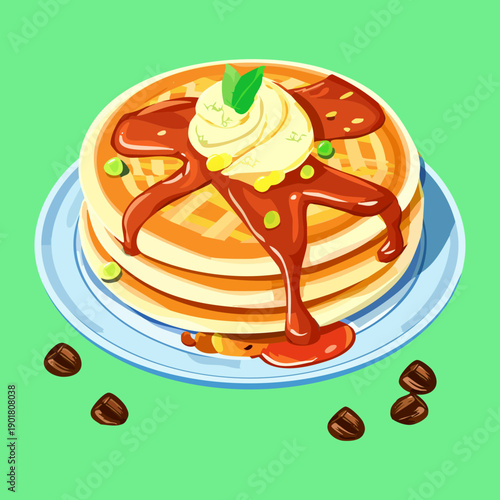 Golden pancakes topped with melting butter and thick maple syrup for traditional American breakfast style - Vector Illustration