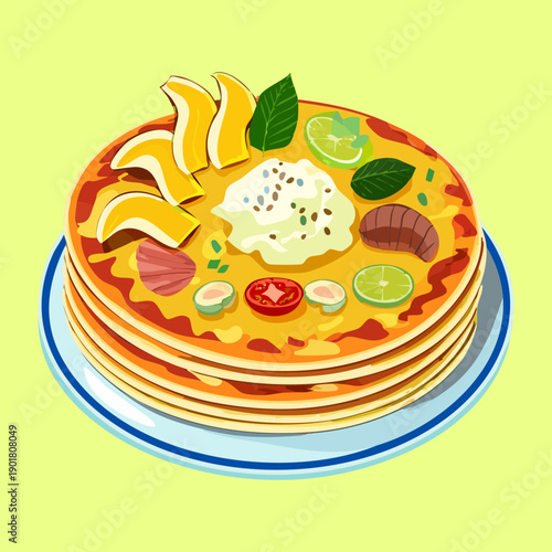 Large pancake platter served with various citrus fruits and honey for refreshing summer breakfast feast - Vector Illustration