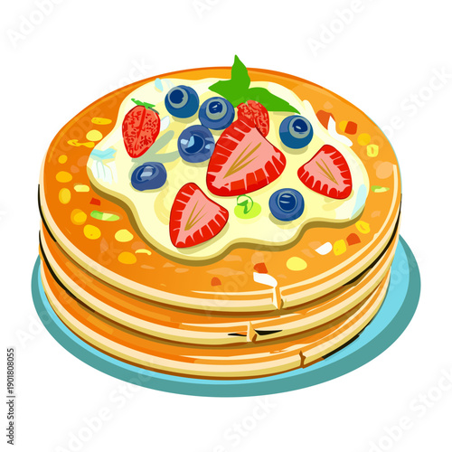 Stacked pancakes decorated with fresh strawberries and blueberries with cream for festive breakfast celebration - Vector Illustration