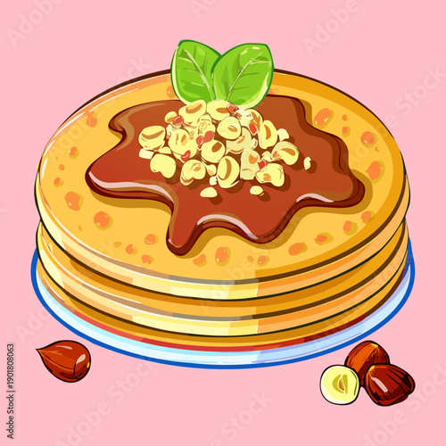 Toasted pancakes topped with crunchy nuts and drizzled with honey for healthy morning energy boost - Vector Illustration