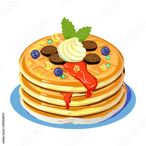 Hot pancakes served with whipped cream blueberries and strawberry jam for a sweet morning treat - Vector Illustration