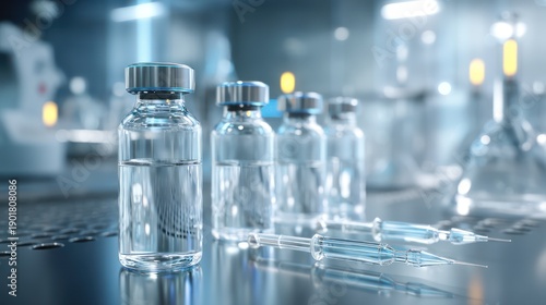 Sterile diagnostics lab with clear glass vials softly glowing analytical equipment and precise pipettes resting on reflective metal