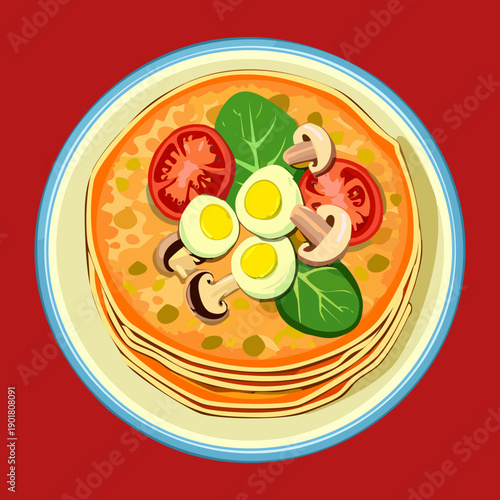 Savory pancake pizza topped with fresh tomatoes mushrooms and eggs for a hearty and healthy morning meal - Vector Illustration