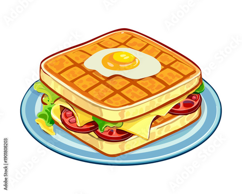 Savory waffle sandwich filled with fried egg cheese and ham for a high protein morning breakfast meal - Vector Illustration