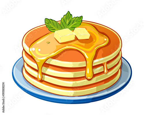 Simple pancake stack topped with melting butter and sweet honey for a classic and rustic breakfast dish - Vector Illustration