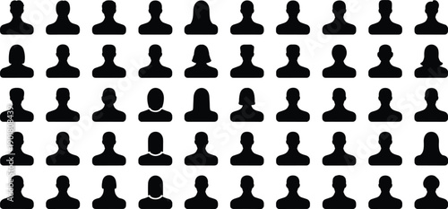 Rows of black silhouette representing diverse human figures in various poses and hairstyles