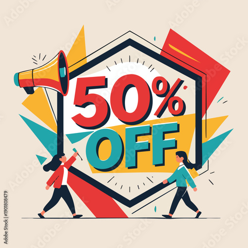 Modern Flat Illustration Fifty Percent Off Promotion Sale Announcement Design
