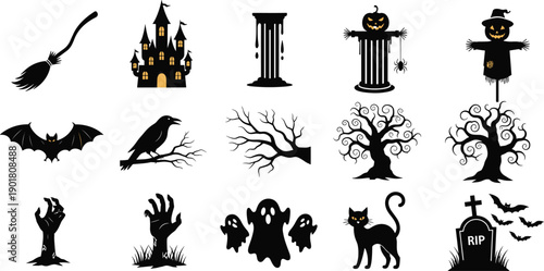Collection of Halloween Silhouette Icons Vector Illustration Isolated on White Background Spooky Ghost Bat Haunted House and Graveyard Design Elements for Seasonal Holiday Projects