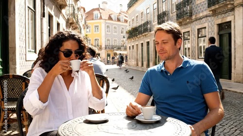Couple Enjoying Coffee in European Street.