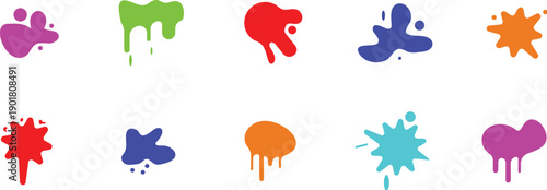 Vibrant colorful paint splatters and hearts on white background