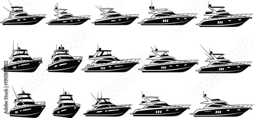 Collection of Luxury Yacht Silhouettes Vector Illustration Isolated on White Background Detailed Black Motorboat Icons for Maritime Nautical Design and Summer Vacation Travel