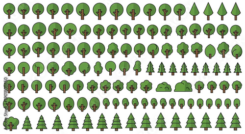 A large collection of various green trees and bushes in a flat, cartoonish style, arranged in rows.