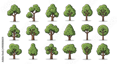 A collection of 20 stylized cartoon trees with green foliage and brown trunks, arranged in three rows against a white background.
