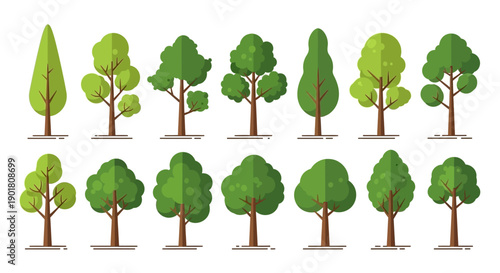 A collection of stylized, flat design illustrations of various deciduous and coniferous trees.