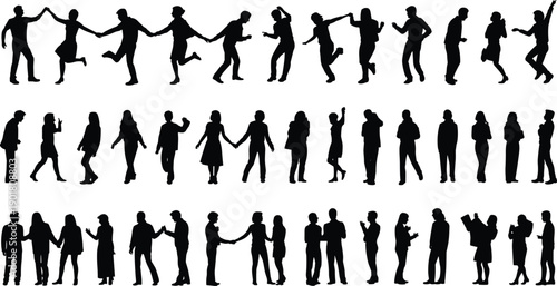 Silhouettes of people in various poses and interactions on a white background black