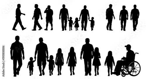 Silhouettes of diverse people, including families, individuals, and a person in a wheelchair, walking and standing.