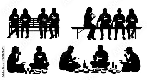 Silhouettes of people eating and drinking in various settings, including sitting on benches and on the ground.