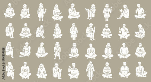 Collection of diverse people in various seated cross-legged poses, some engaged with devices like laptops and phones, others reading books, rendered in a white line art style on a muted background.