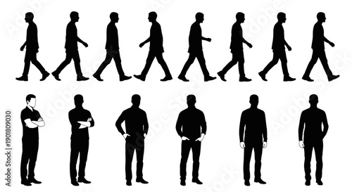 Collection of silhouette illustrations depicting various human poses and actions, including walking cycles and standing figures.