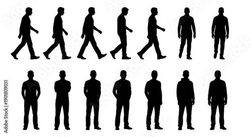 Silhouettes of men in various poses, including walking and standing, against a white background.