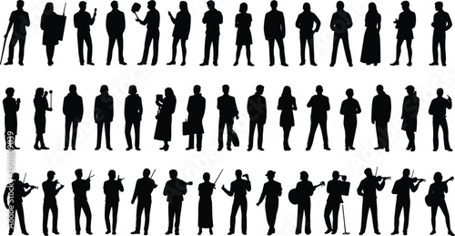Silhouettes of people standing and playing musical instruments in three rows on white background musicians