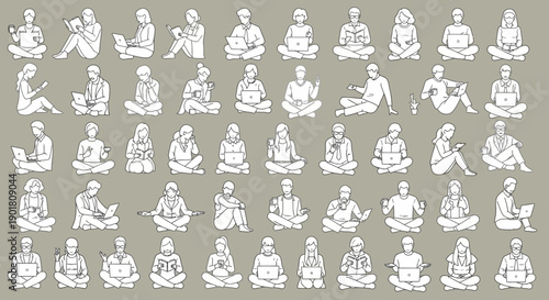 A comprehensive collection of line drawings depicting diverse individuals in seated, cross-legged poses, many engaged with electronic devices.
