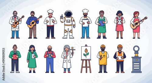 A diverse group of people in various professions and hobbies, including musicians, chefs, an astronaut, an artist, and construction workers.