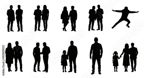 Collection of black silhouettes of people in various poses and groupings.