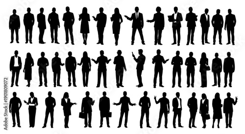 A collection of diverse business people in silhouette, showcasing various professional poses and attire.