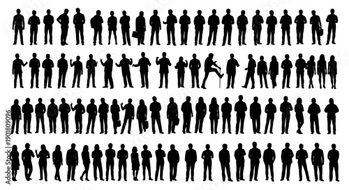 A large collection of diverse human silhouettes in various poses, representing a crowd or a group of individuals.