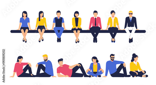 Diverse group of men and women in casual and formal attire sitting on a ledge and on the ground.