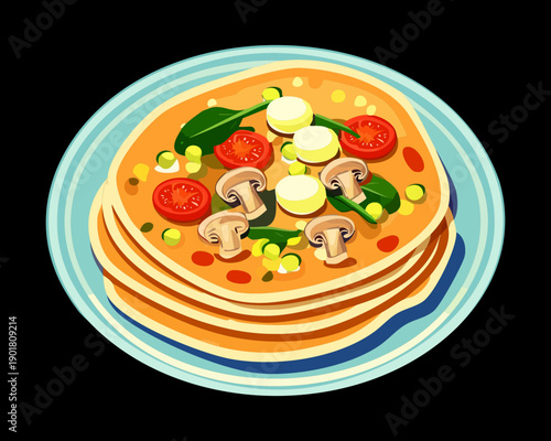 Vegetarian pancake pizza topped with mushrooms tomatoes and fresh peppers for a healthy savory morning meal choice - Vector Illustration